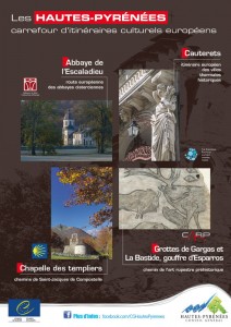 : view of four cultural sites from Hautes-Pyrénées: Escaladieu Abbey, Esparos caves, templar’s chappel and Cauterets.