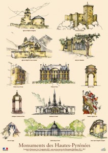 affiche des journées européennes du patrimoine : dessins des principaux monuments du département des Hautes-Pyrénées.
